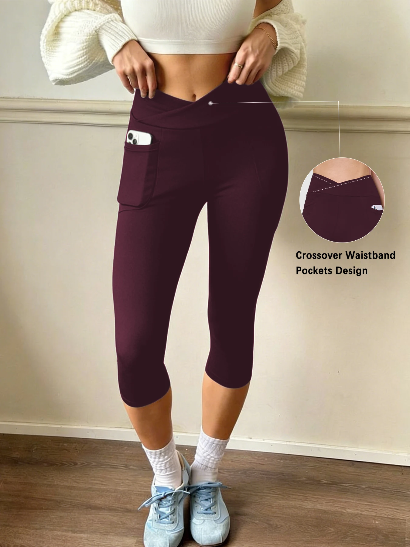Women's Super Soft Crossover High Waisted Capri Pants With Pockets Tummy Control No See Through Workout Yoga Running Leggings