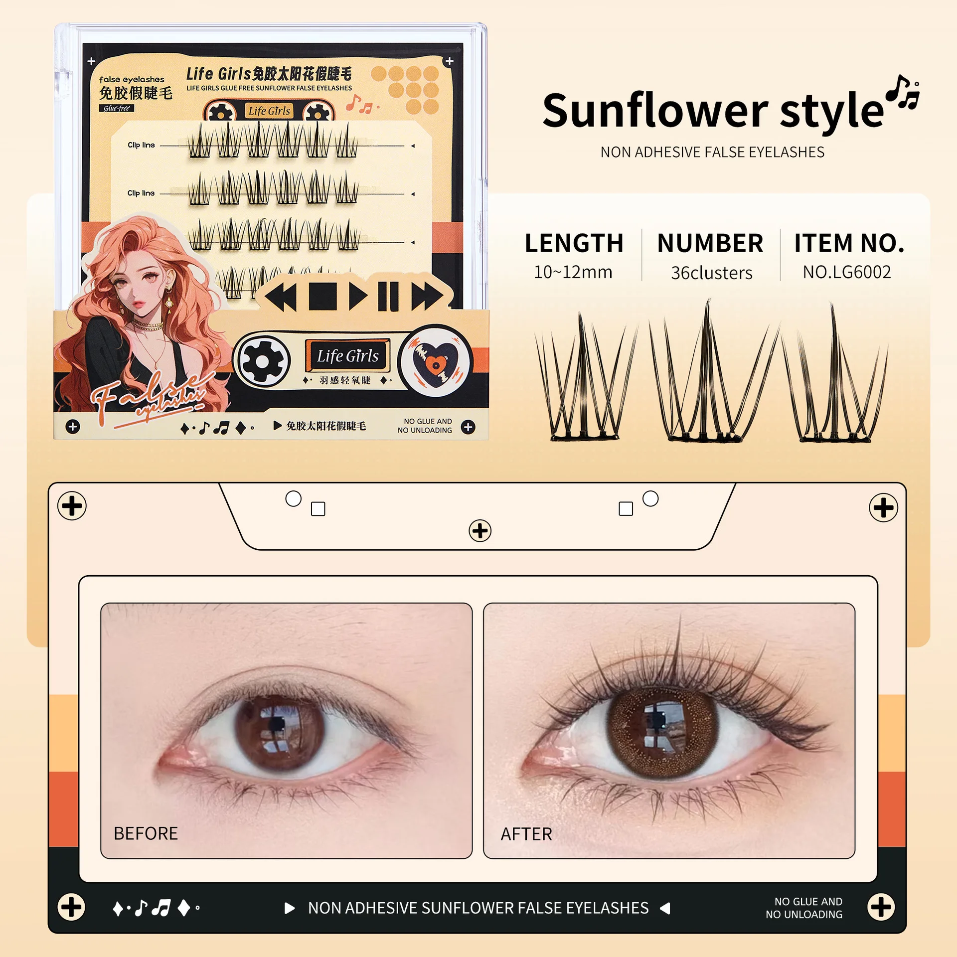 Kleberfreie, selbstklebende falsche Wimpern, geflügelte Fuchsaugen, Sonnenblumen, W-förmig, Anime, flauschig, wiederverwendbar, 3D-Volumenwimpern
