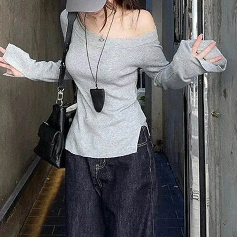 

Трикотажные топы с открытыми плечами, женские элегантные пуловеры с диагональным воротником и длинными рукавами, модные повседневные сексуальные женские свитера