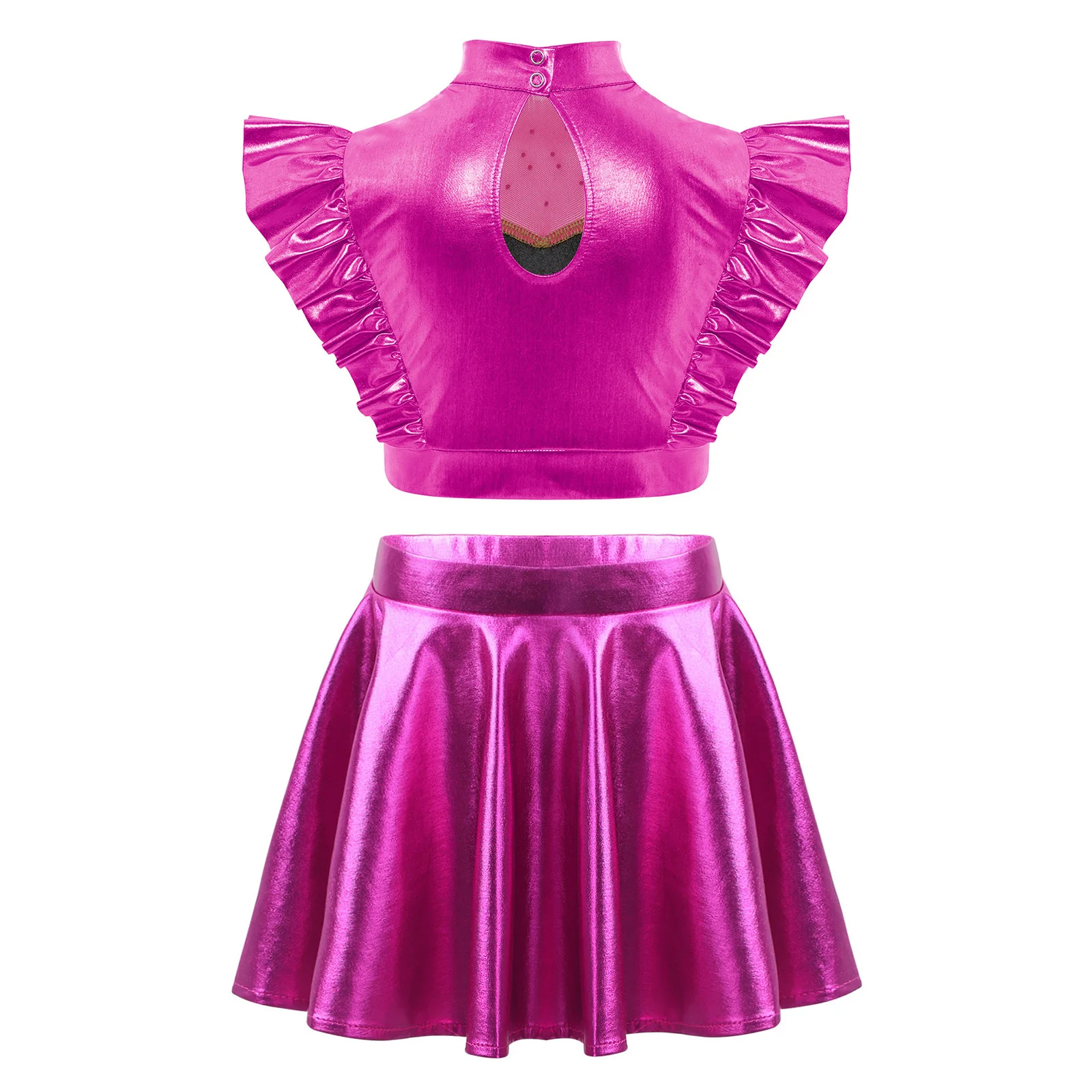 Kids Girls Jazz Dance Outfit Rhinestone Mesh Sleeveless Metallic Crop Top with Flared Skirt for Stage Show Musical Club Party