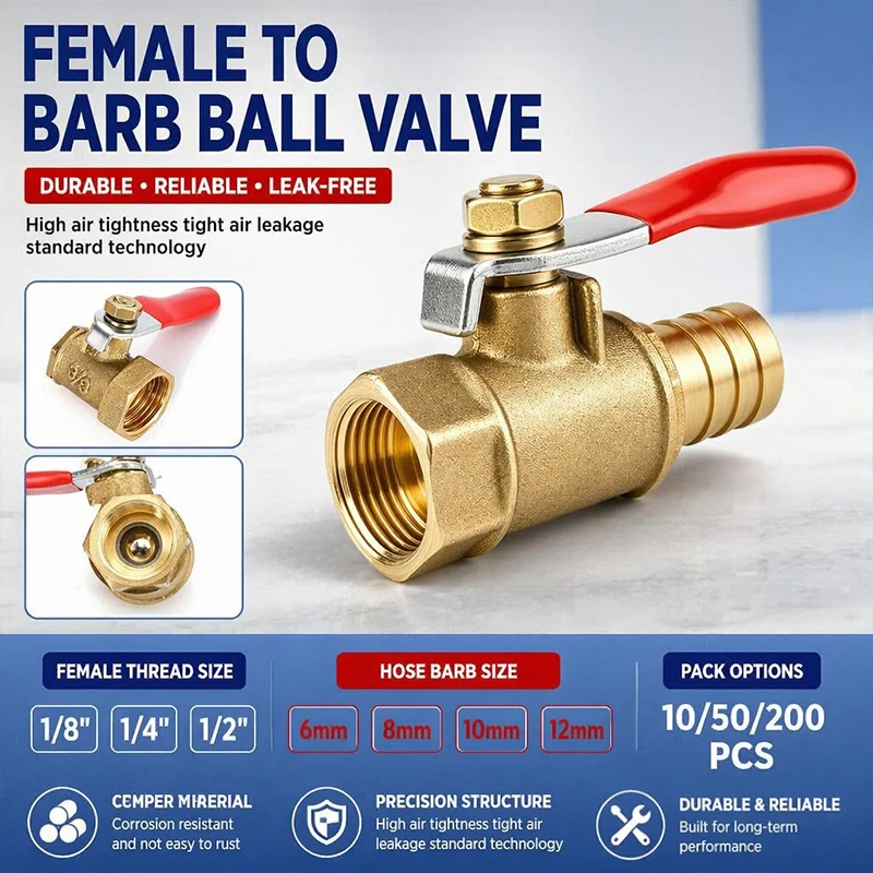 Brass Ball Valve Female to Barb 1/8 1/4 1/2 Inch Thread to 6mm 8mm 10mm 12mm Hose Tail Pipe Coupling Joint Lot 10/50/200Pcs Pack