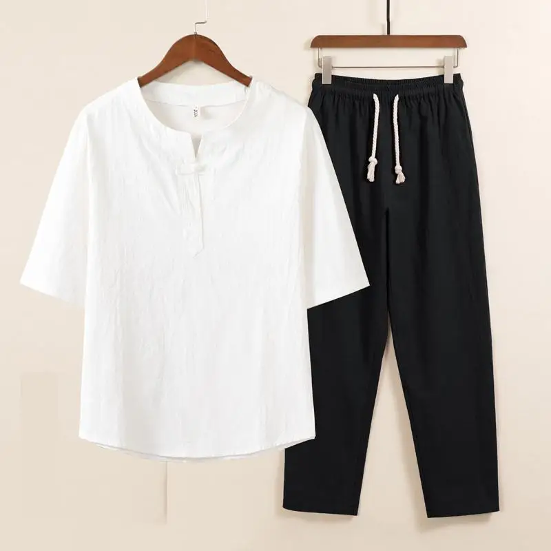 Men's Chinese Style Linen-Cotton 2-Piece Set Short Sleeve T-Shirt Loose Pants Casual Wear for Middle-Aged M-XXXXXL