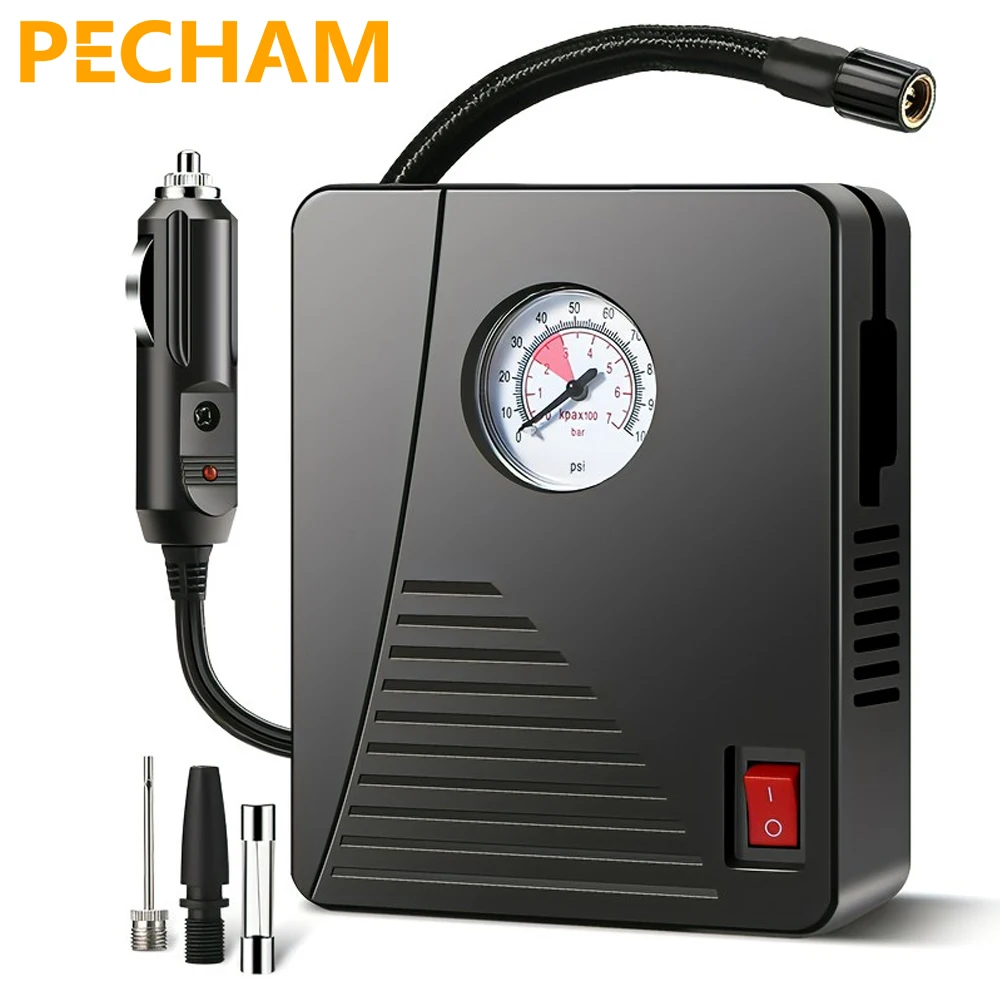 PECHAM 96W Car Electric Air Pump Mini Tire Inflator 12V 100PSI 35L/Min Portable Air Compressor For Car Motorcycles Bicycle Ball