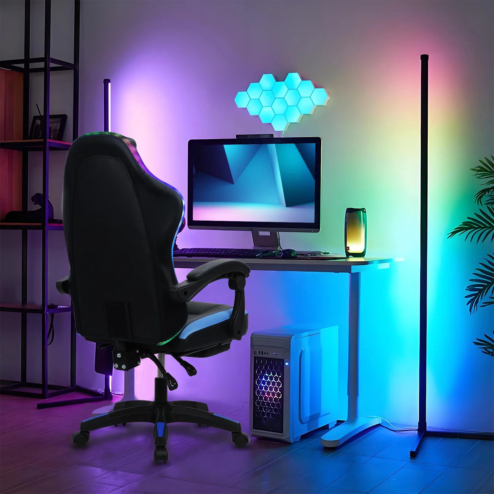 Gaming Chair with RGB LED Light, Ergonomic Massage Computer Chair with Footrest, High Back Music Video Chair with Lumbar Support