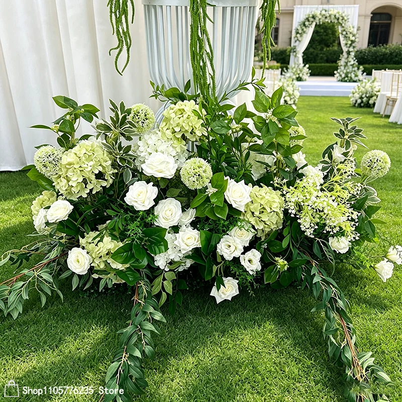 Weiß-grünes künstliches Hochzeitsblumenarrangement aus Rosen und Hortensien, Bodenblumen-Centerpiece für Hochzeitsgang, Bühne, Party und Heimdekoration – Detail 5