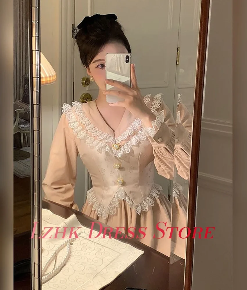 Personalizado gracioso jérsei a linha botões de renda vestido de noite temperamento mangas compridas com decote em v chá comprimento sob medida vestidos de ocasião