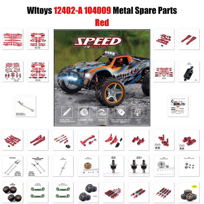 WLtoys RC Car 12402-A 104009 Truck Red All Metal Upgrade Parts Wheel Seat Tire Shock Absorbers Arm Chassis Reinforcement