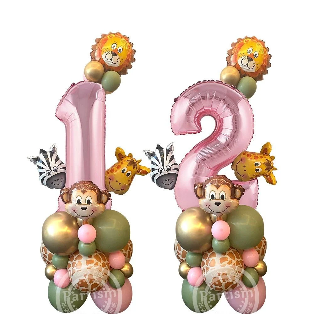 Pink Wild Animal Balloon Tower With Number Balloon Cute Disposable Tableware for Wild One Jungle Forest Birthday Party DIY Decor view 4