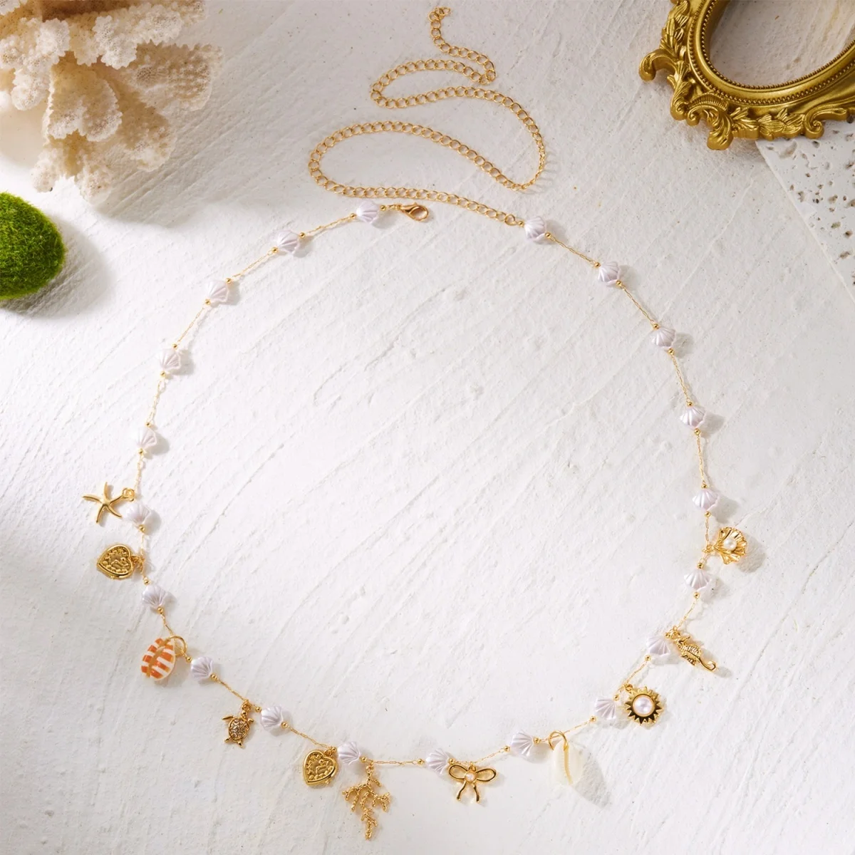 Acryl-Muschel-Sonnenkorallen-Bowknot-Seepferdchen-Taucherquasten-Taillenkette für Damen und Herren – Boho-Ozean-Herz-Bauchkette als Körperschmuck – Detail 19