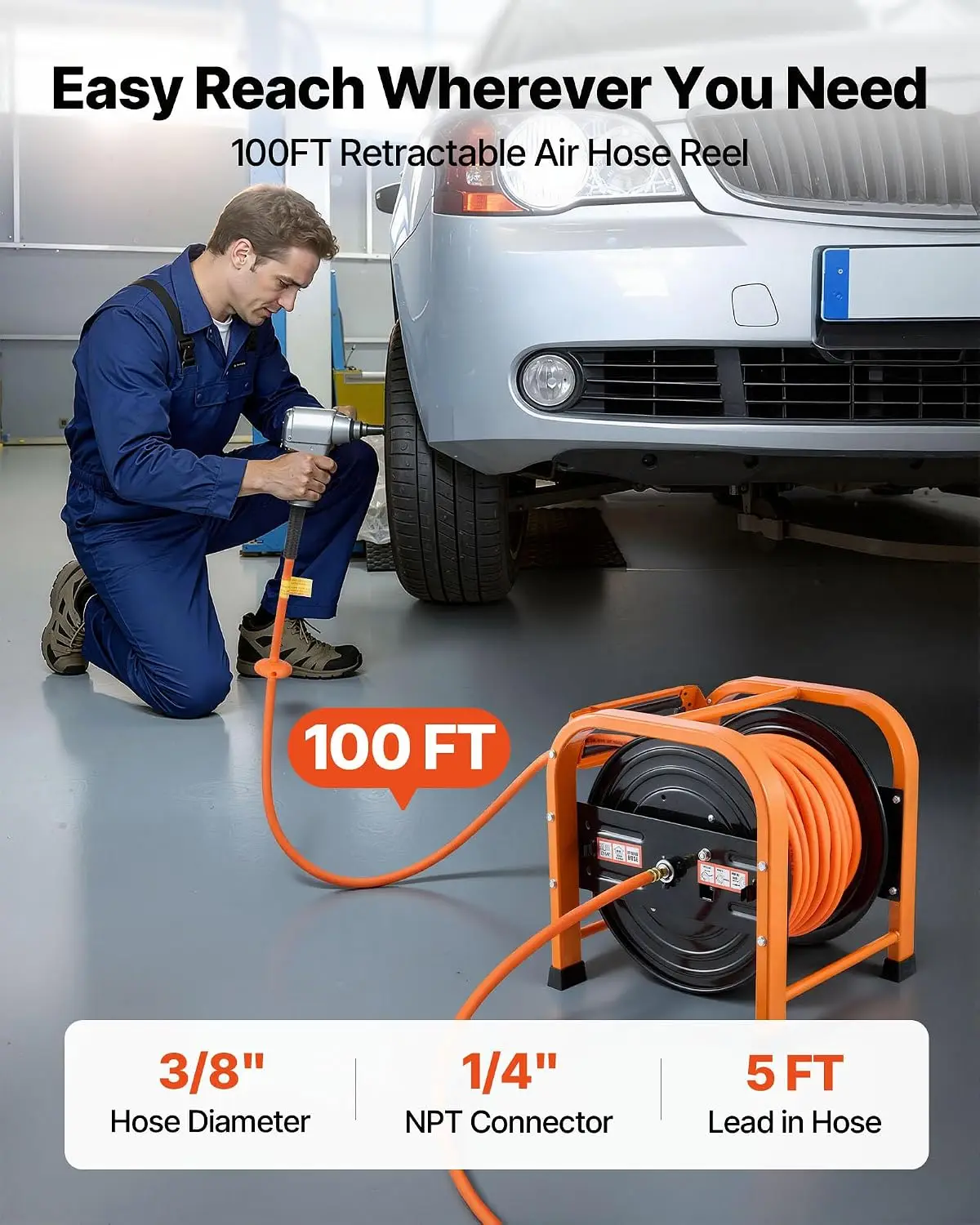 Retractable Air Hose Reel, 3/8 Inch x 100 FT Hybrid Air Hose Max 300PSI, Auto Rewind Air-Compressor Hoses Reel with 5ft Lead in,