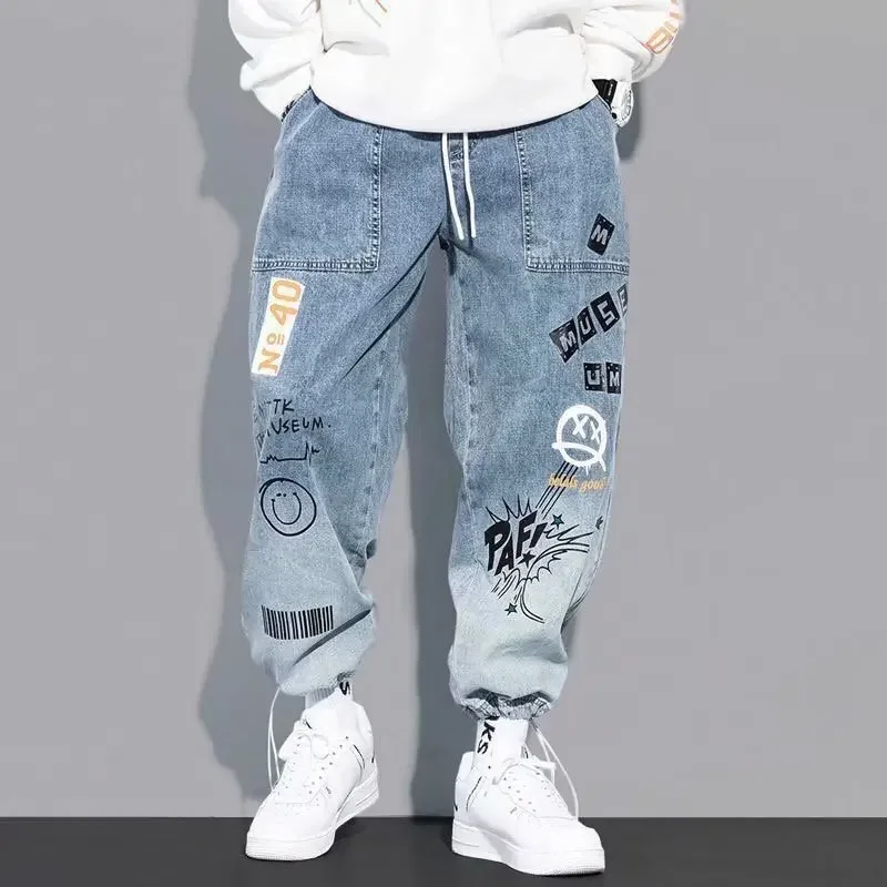 Men Streetwear Pattern Printed High Waist Adjustable Leg Straight Denim Jeans Pants