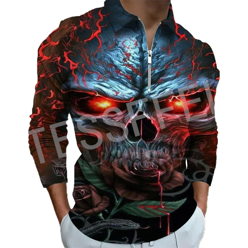 NewFashion Skull Wolf Animal Cartoon Tattoo 3DPrint Harajuku Winter Autumn Casual Shirts Streetwear Zipper Polo Long Sleeves X3