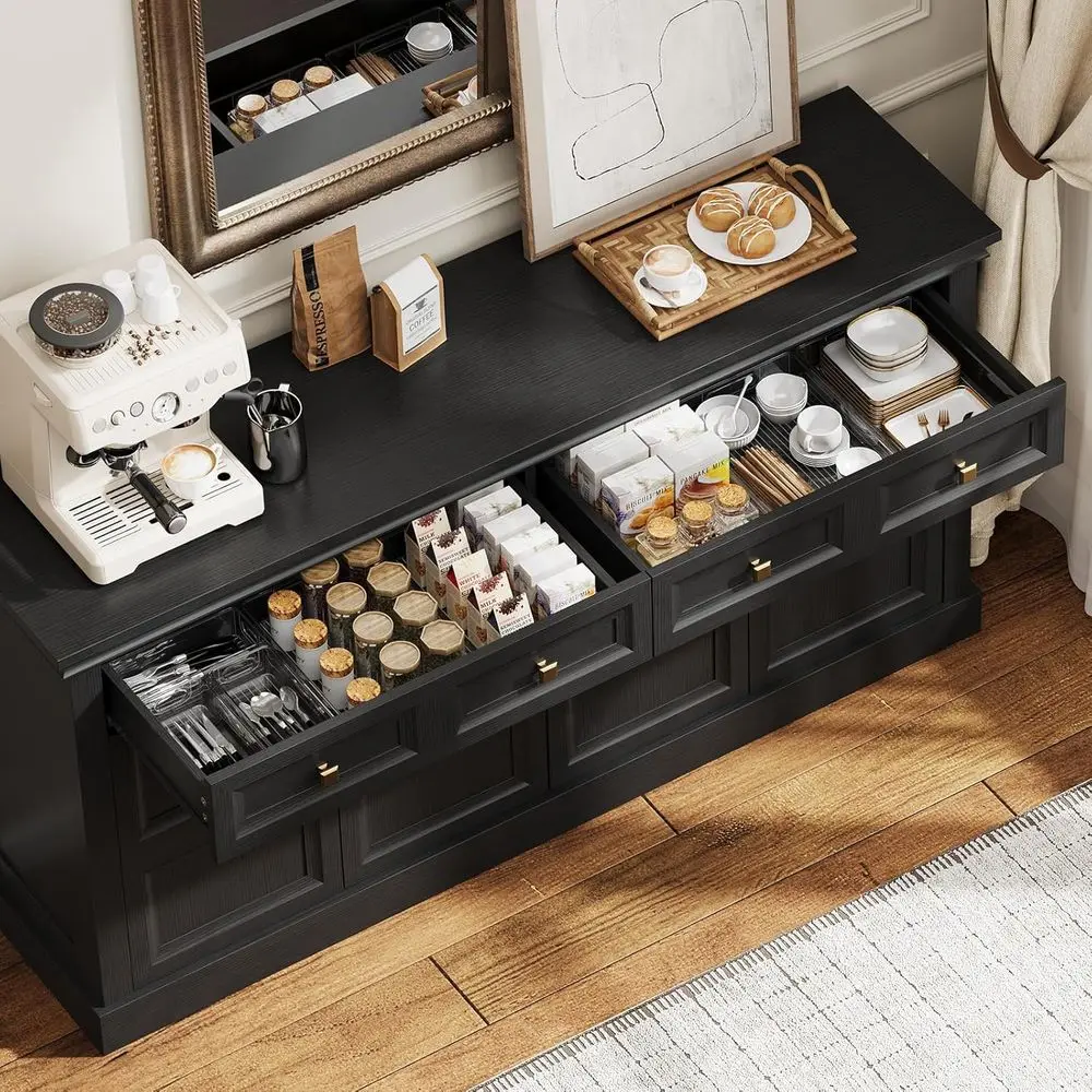 خزانة جانبية كبيرة للتخزين باللون الأسود مع أدراج، وخزانة قهوة للمطبخ لغرفة المعيشة والمدخل