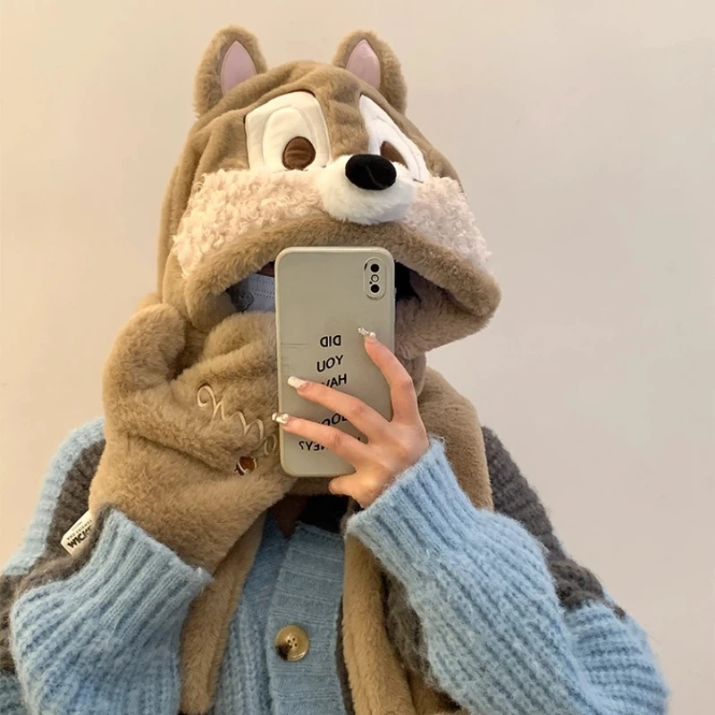 

Disney Chip “N” Dale Hat And Scarf Set With Fleece-Lined Thickened Warm Gloves Three-Piece Set Christmas Gift