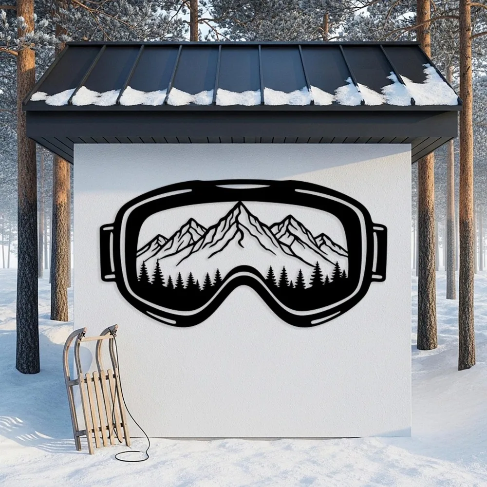 Flat Mountain Ski Goggle Metal Wall Art, Laser‑Cut Iron Silhouette, Powder‑Coated Rust‑Resistant Horizontal Winter Landscape
