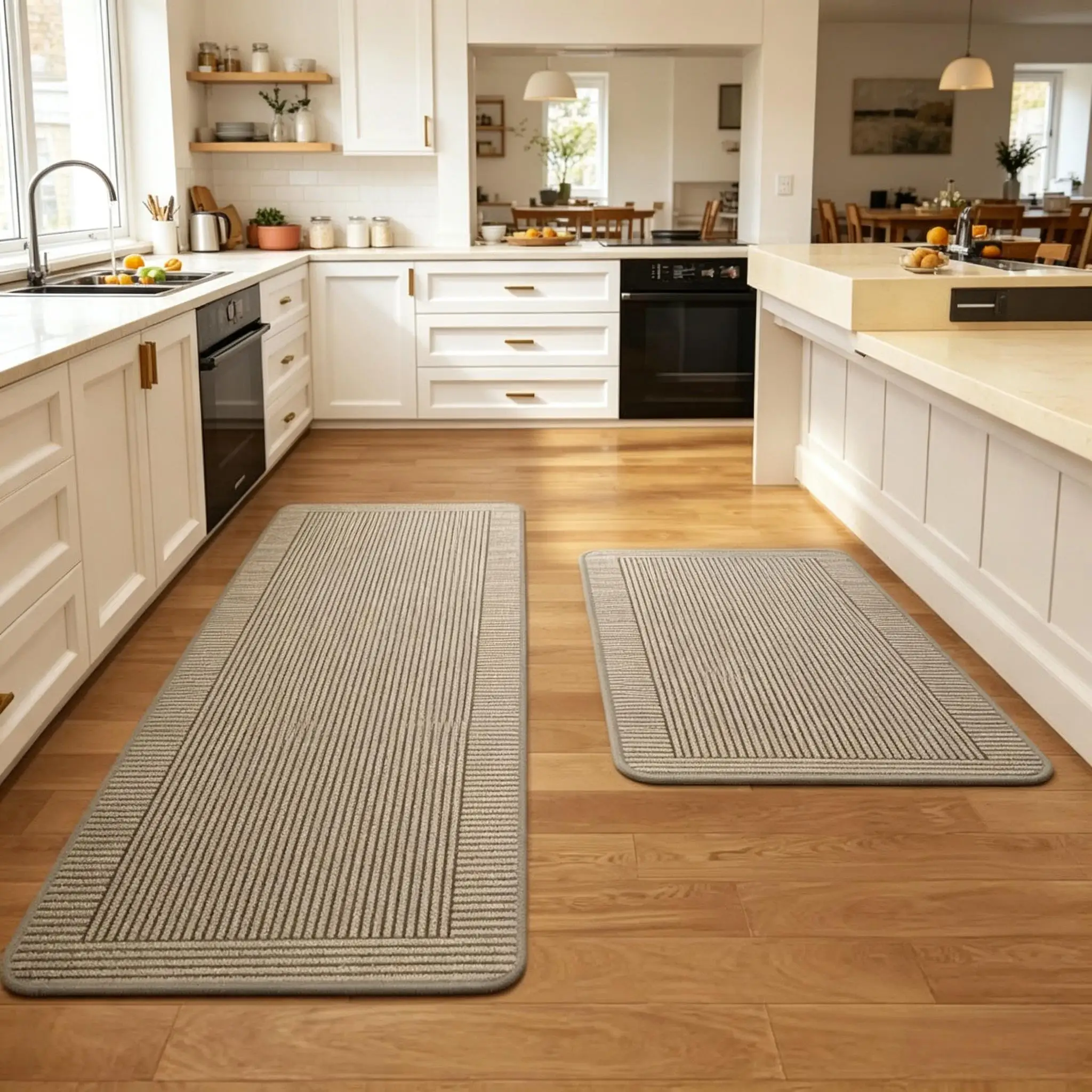 

Linen Woven Striped Kitchen Runner Rug, Long Non-Slip Mat for Floor, Stain Resistant Easy Clean Rubber Backing for Sink Area