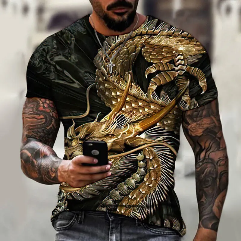 

2023 Cool Men's T-Shirt for Men Clothing Oversized Tee Shirt Chinese Dragon Graphic 3D Full Print Summer Casual Fashion Short Sl