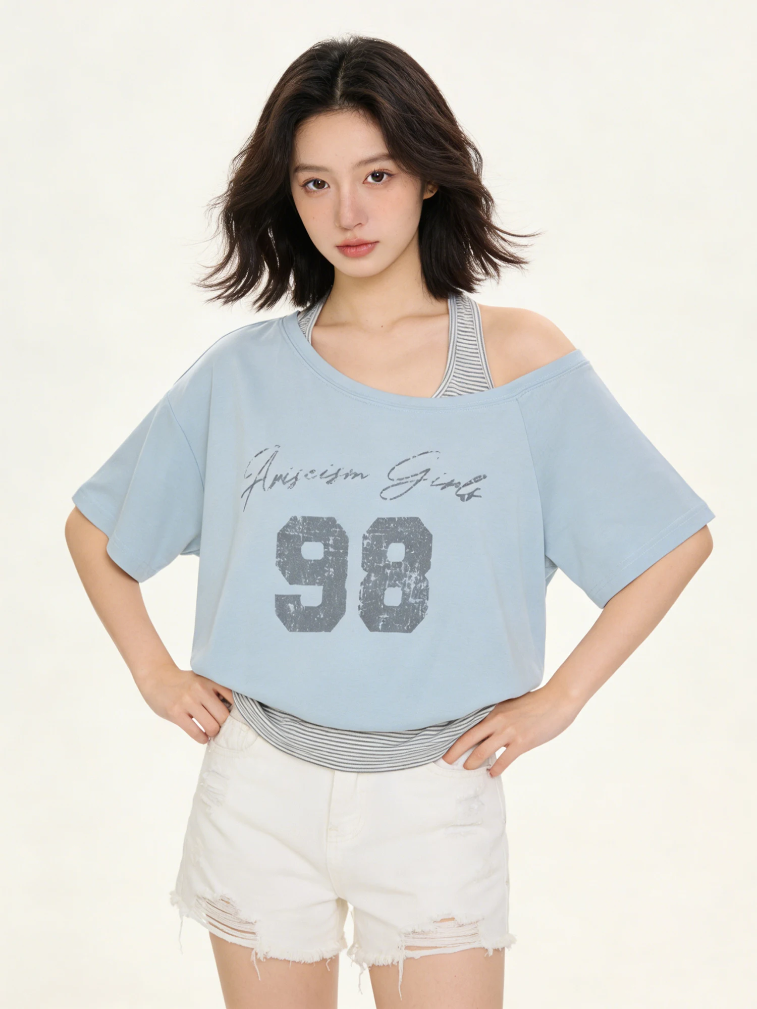 

American Style Hot Girl Shoulder Bared Striped Tube Top Loose Short Sleeve T Shirt Women Summer New Style Printed Cotton Casu...