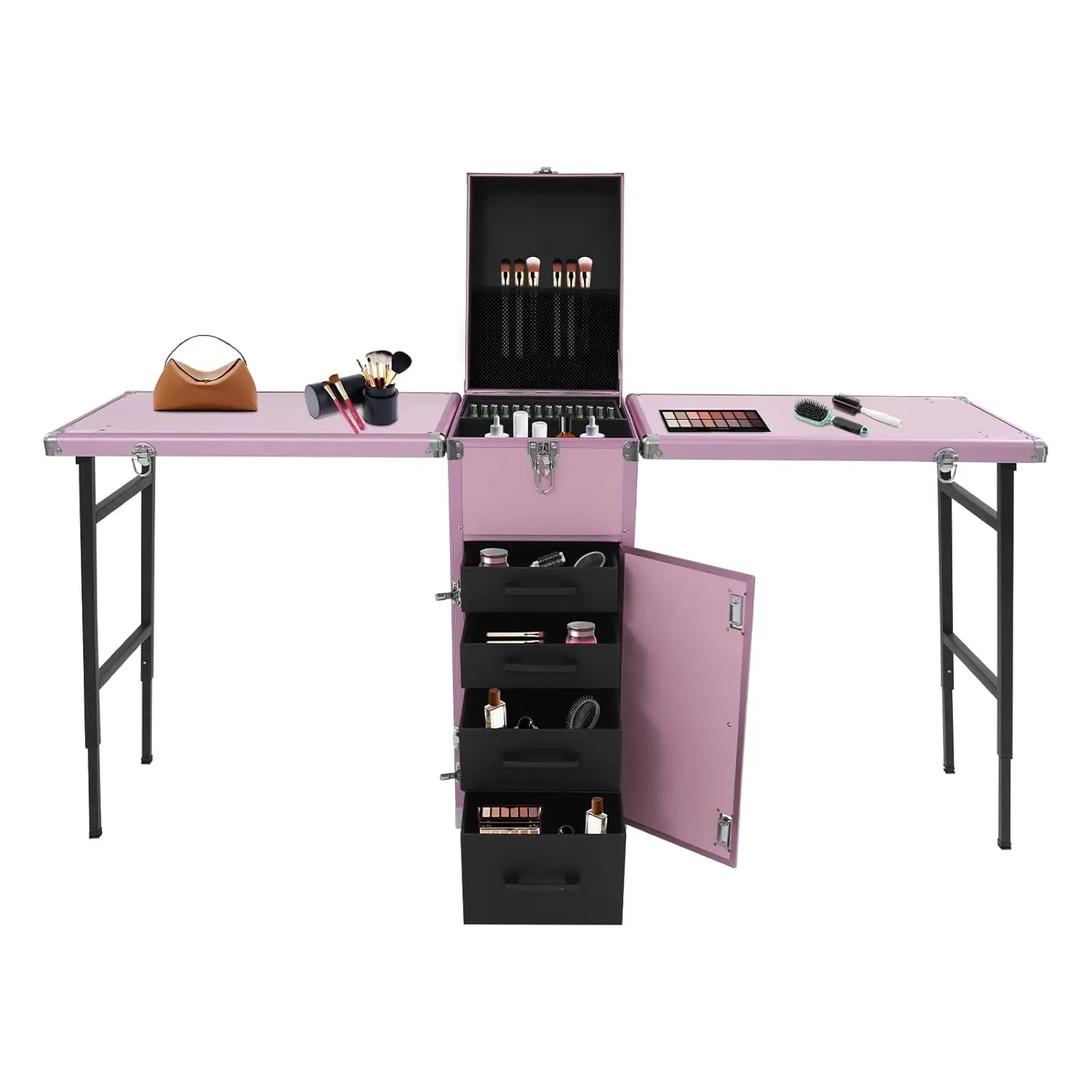 Rolling Portable Manicure Table with 4 Drawers, Professional Makeup Train Case Lockable Cosmetic Trolley with 2, Customized