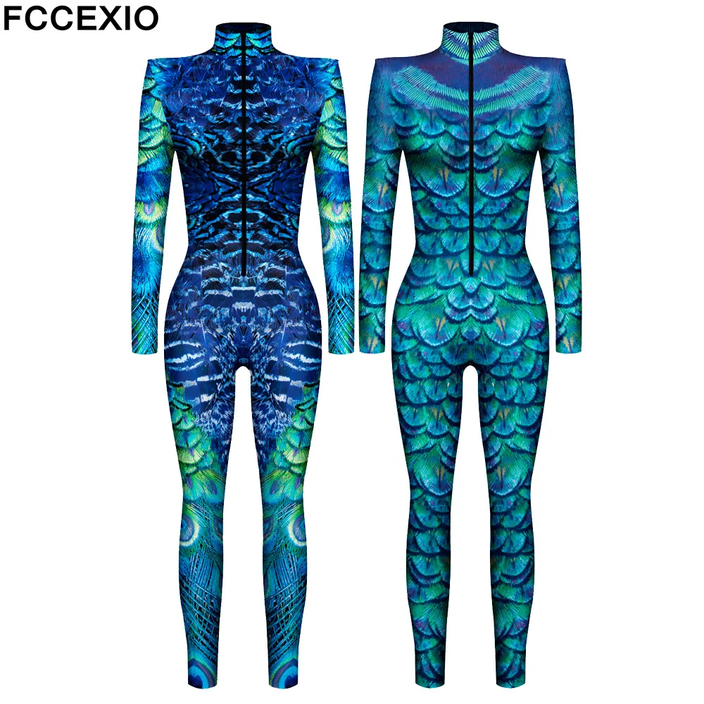 FCCEXIO Peacock Feather Pattern 3D Printed Cosplay Costume Sexy Jumpsuit Bodysuit Adult Carnival Party Clothing S-XL monos mujer