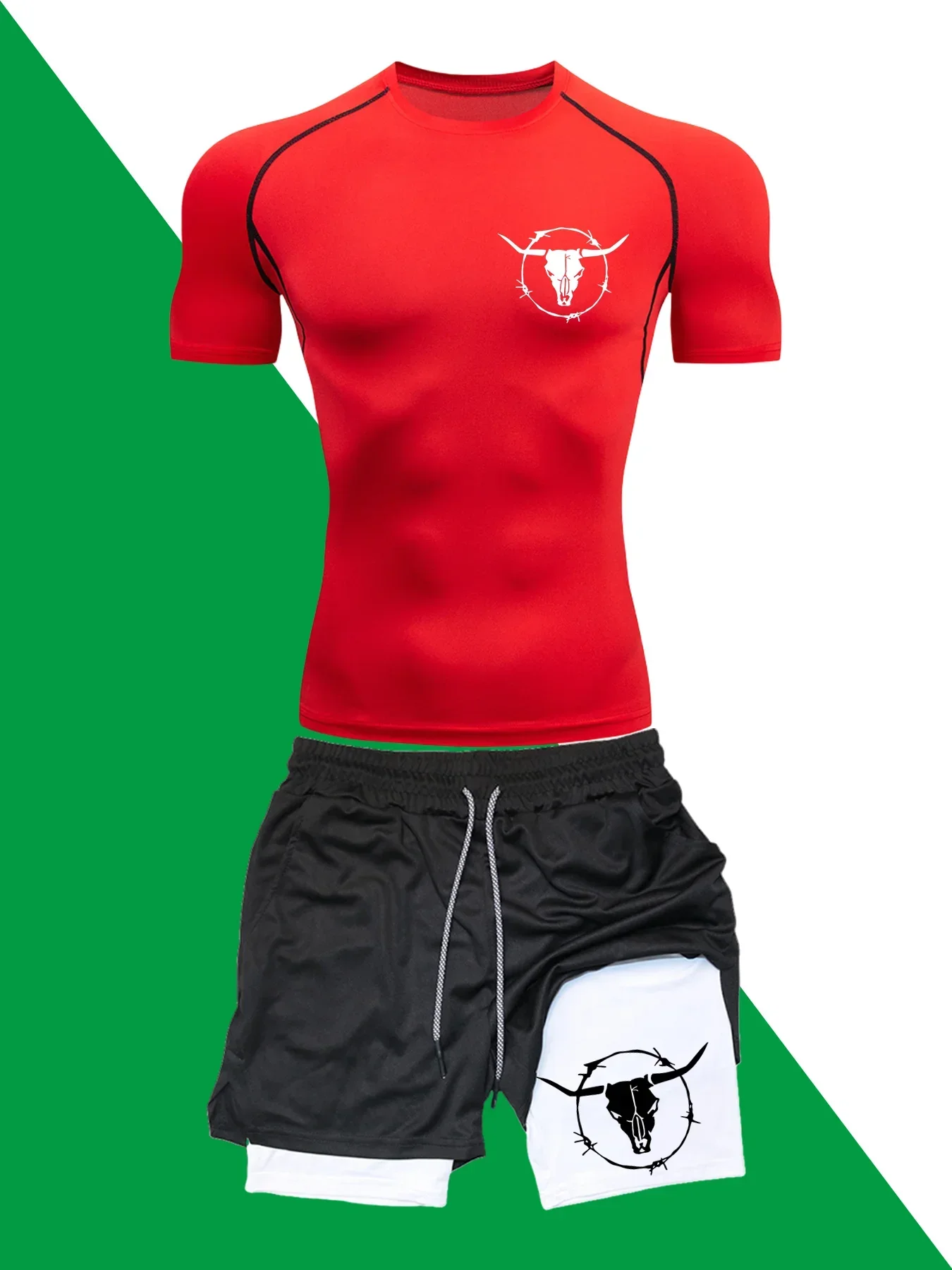 

Men's sports 2-piece kit: tight short sleeves + multi-pocket double shorts, morning jogging, gym, basketball, bullhead prints