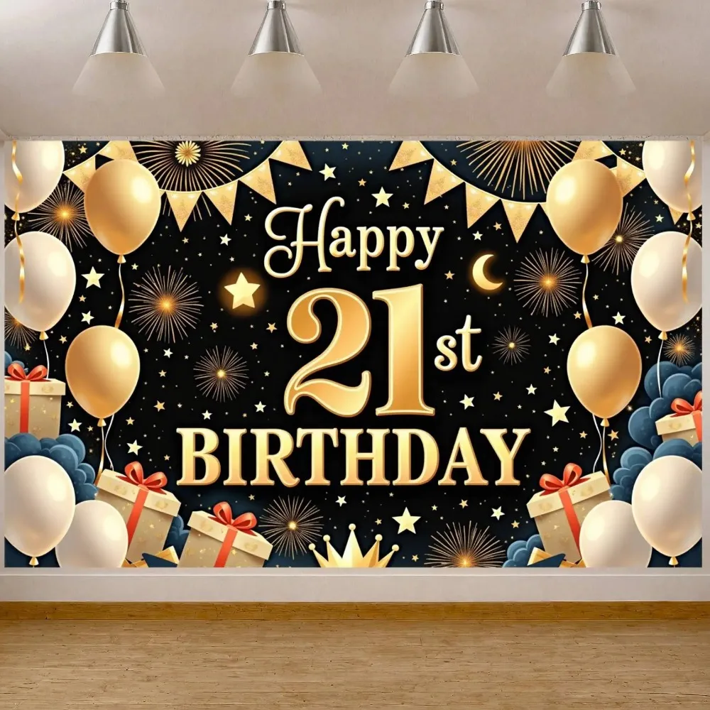 Musikparty Gold-Themen-Geburtstagsbanner-Hintergrundtuch zum 21. Geburtstag, Geburtstagsparty für Erwachsene, Heimdekoration, Fotostudio-Hintergrund