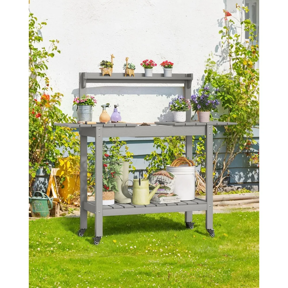 Topfbank für den Außenbereich mit verschiebbarer Tischplatte/4 Rollen/abnehmbarem Waschbecken, wetterfester Garten-Arbeitstisch für den Außenbereich