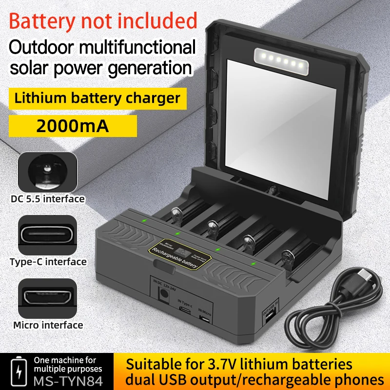 Carregador de Bateria de Lítio Solar Inteligente, Tipo-C, USB, Quatro Ranhuras, Multifunções, Exterior, 3.7V, 18650, 26650, 21700 Baterias