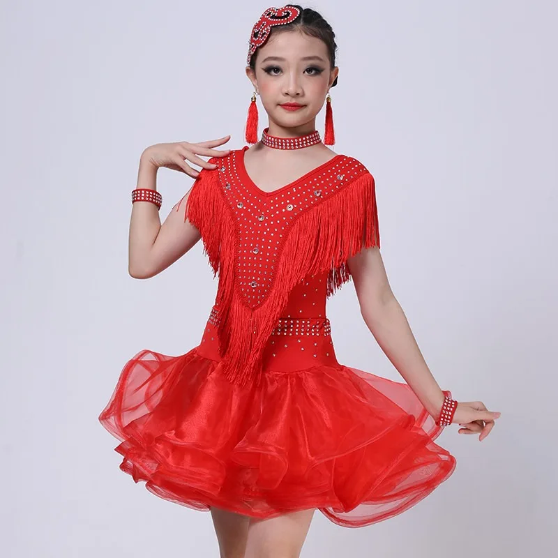 

Kids Latin Dance Competition 2-Piece Set Bodysuit+Skirts Outfit Tassel Uniform Professional Salsa Performance Costume For Girls