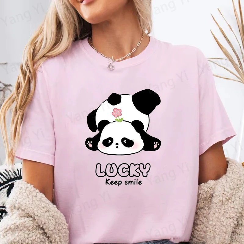 Men Women Fashion Lucky Keep Smile Letter Print T-shirt Panda Unisex Casual T Shirt Harajuku Soft Short Sleeve Round Neck Shirts