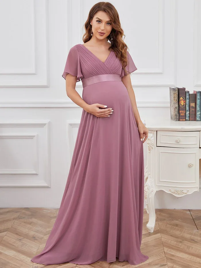 Flowy Cute And Adorable Deep V-Neck Dress For Pregnant Women, Ruched Bodice Chiffon Floor-Length Maternity Dress With Sleeves