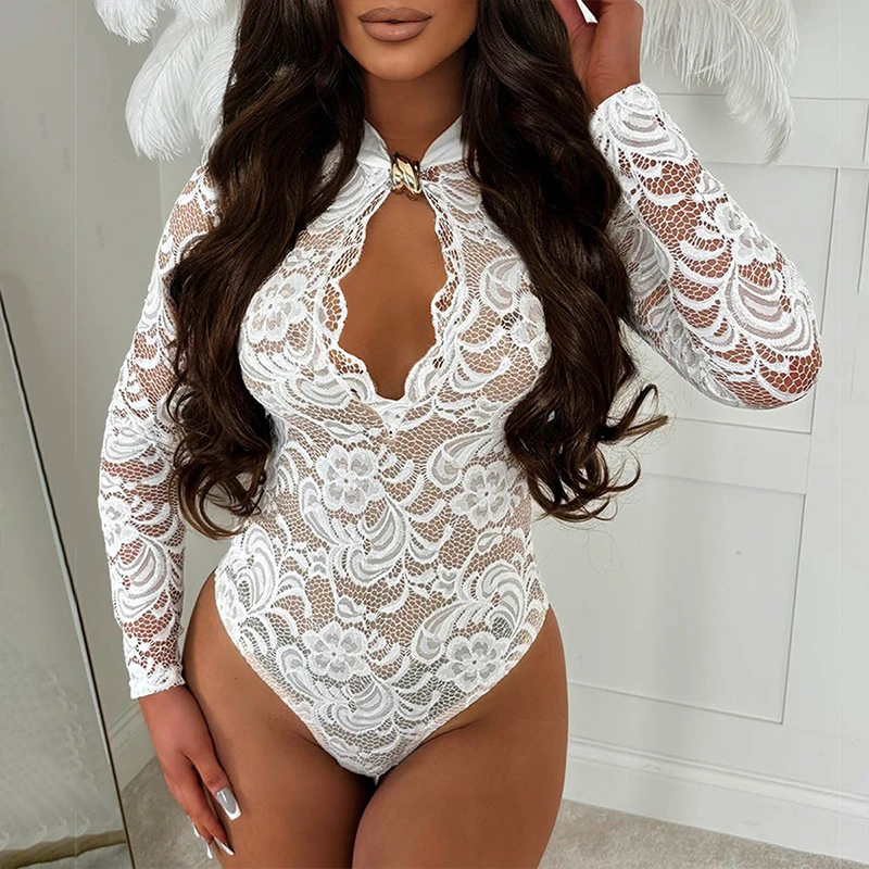 

OMSJ Long Sleeve Base Lace Bodysuit Tops For Women 2026 New Style Perspective Hollow Out Bodycon Sexy One-piece Rompers Clubwear