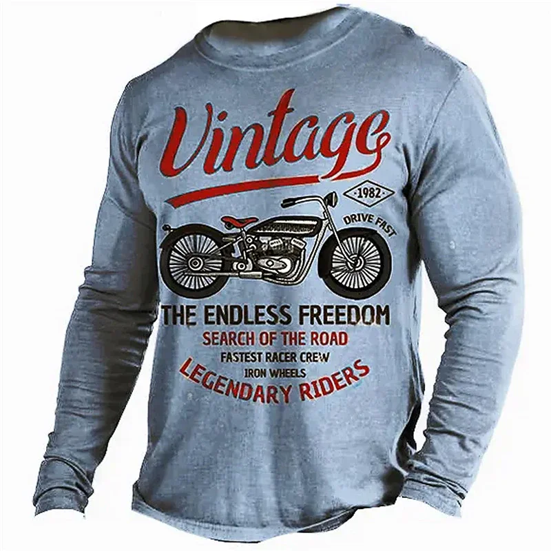 Vintage Motorcycle 3D Print Autumn Men\'s O-Neck T-shirt Casual Long Sleeve Oversized T Shirts Fashion Tops Trend Men Clothing