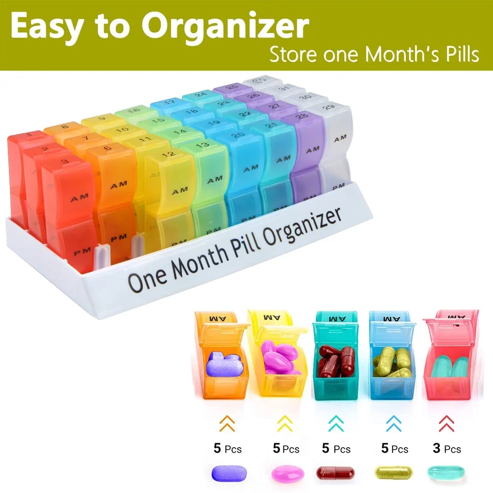 Monthly Pill Cases Travel Storage Container Colorful Drug Dispenser Packing Container 32 Slot Pill Box Organizer 31 Days