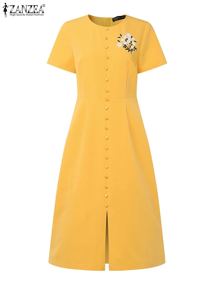 ZANZEA Damen-Midikleider mit lässigem Schlitz am Saum, 2023, Sommer, O-Ausschnitt, kurze Ärmel, Stickerei, Blumenmuster, A-Linie, Robe, Femme, Tagskleidung, Vestidos