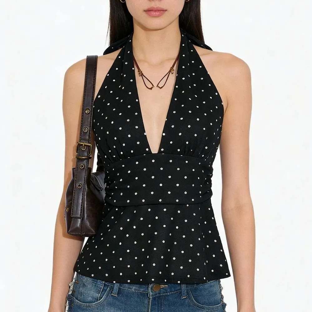 

Fashion Sleeveless Women Crop Top Pleated Y2k Lace-up Dots Camisole Deep V Neck Beach Wear Hanging Neck Top Girl