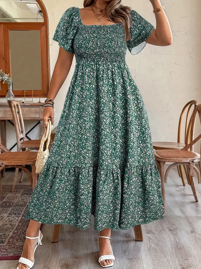 

Элегантное праздничное платье больших размеров с квадратным вырезом, пышными рукавами и цветочным принтом в пасторальном стиле