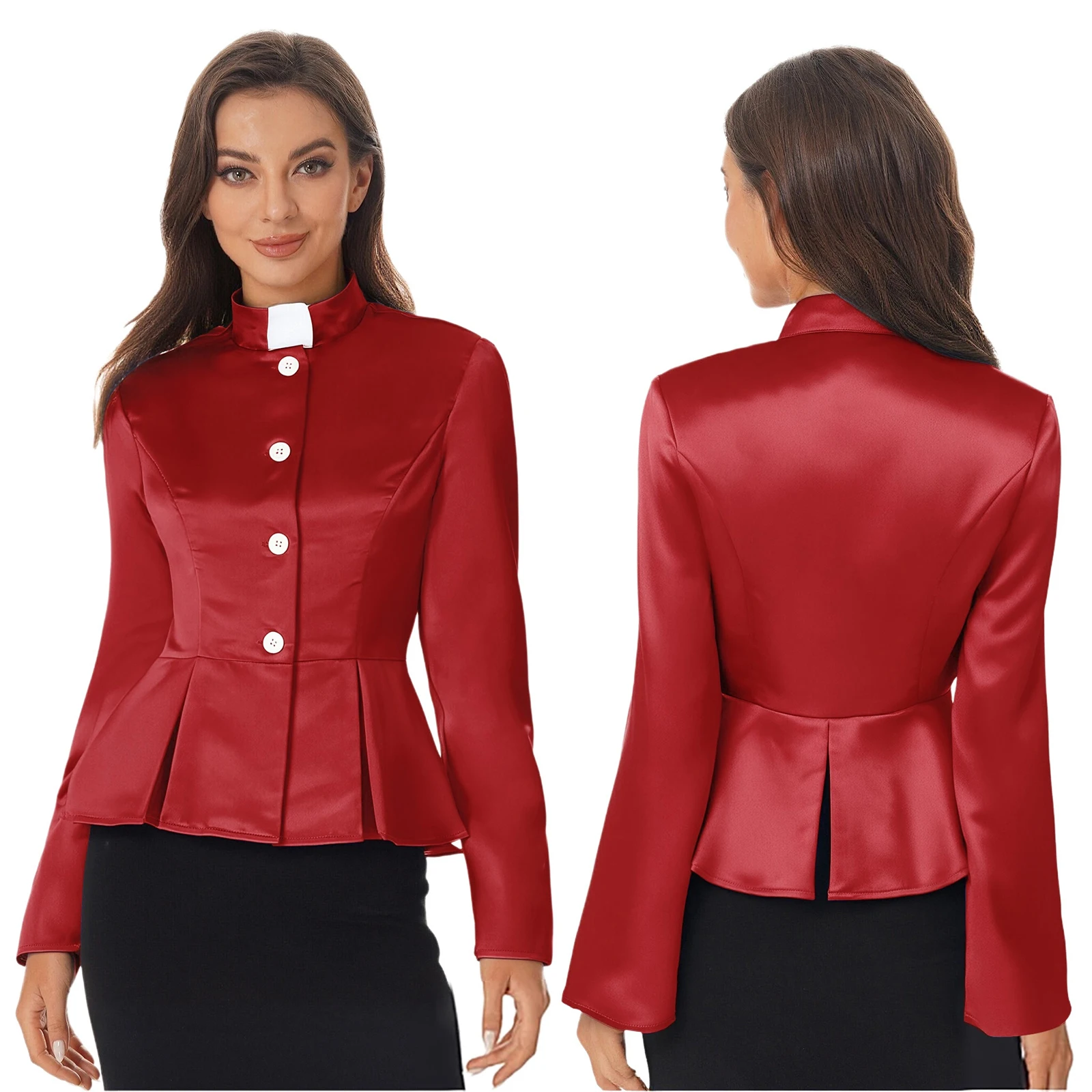 

Women Church Priest Formal Shirt Pleated Peplum Flared Long Sleeve Tops Cropped Jackets Cardigan Halloween Clergy Satiny Coat