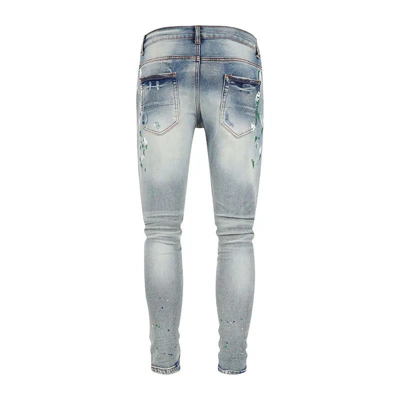 High Street Fashion Men Jeans Retro Light Blue Stretch Skinny Fit Patched Ripped Jeans Men Painted Designer Brand Hip Hop Pants