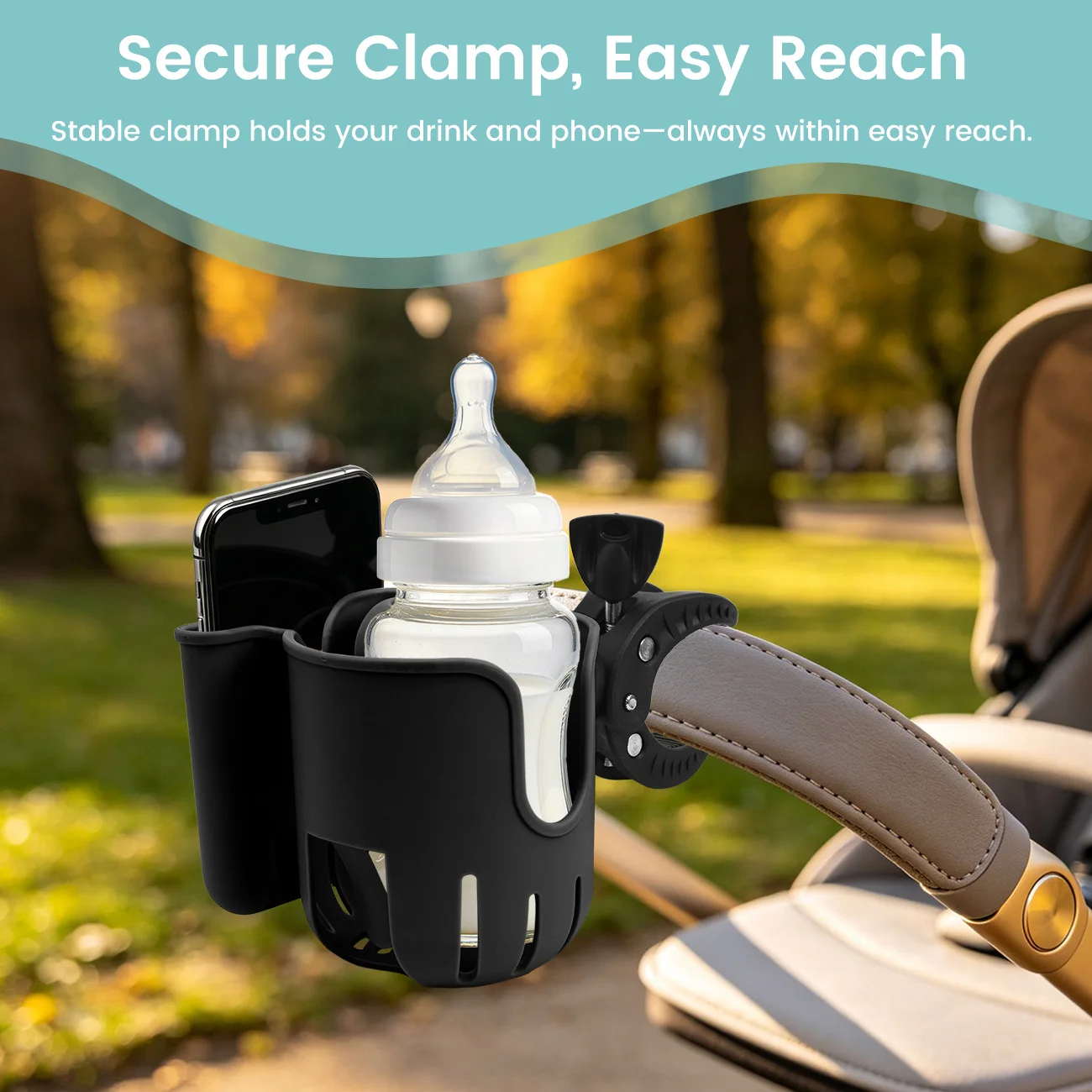2‑in‑1 Stroller Cup Holder Universal 360° Rotatable Clamp‑on Drink & Phone Holder Baby Pushchair Bottle Organizer Stroller Acces
