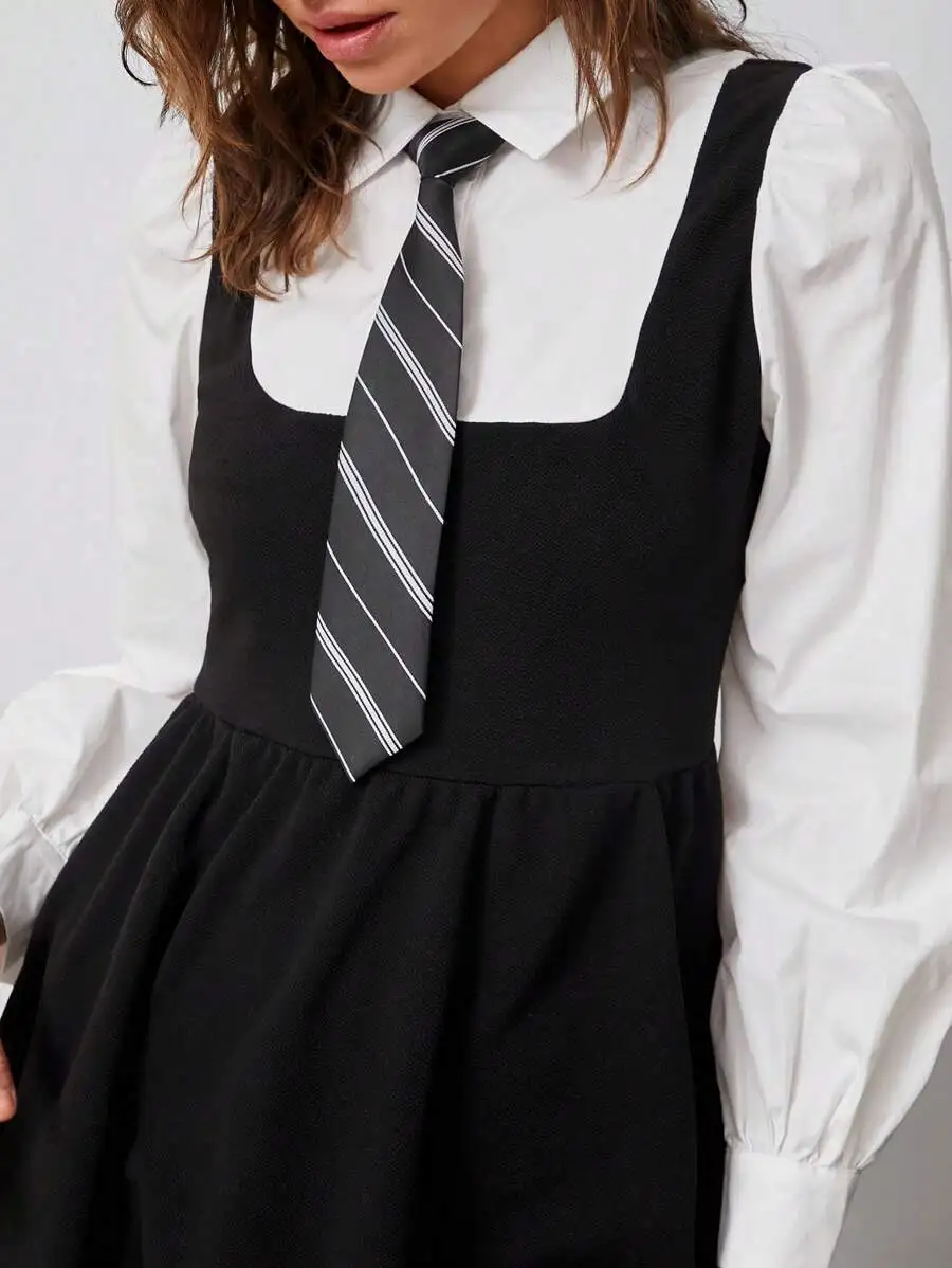 Black Puff Sleeve Dress With White Shirt And Striped Tie