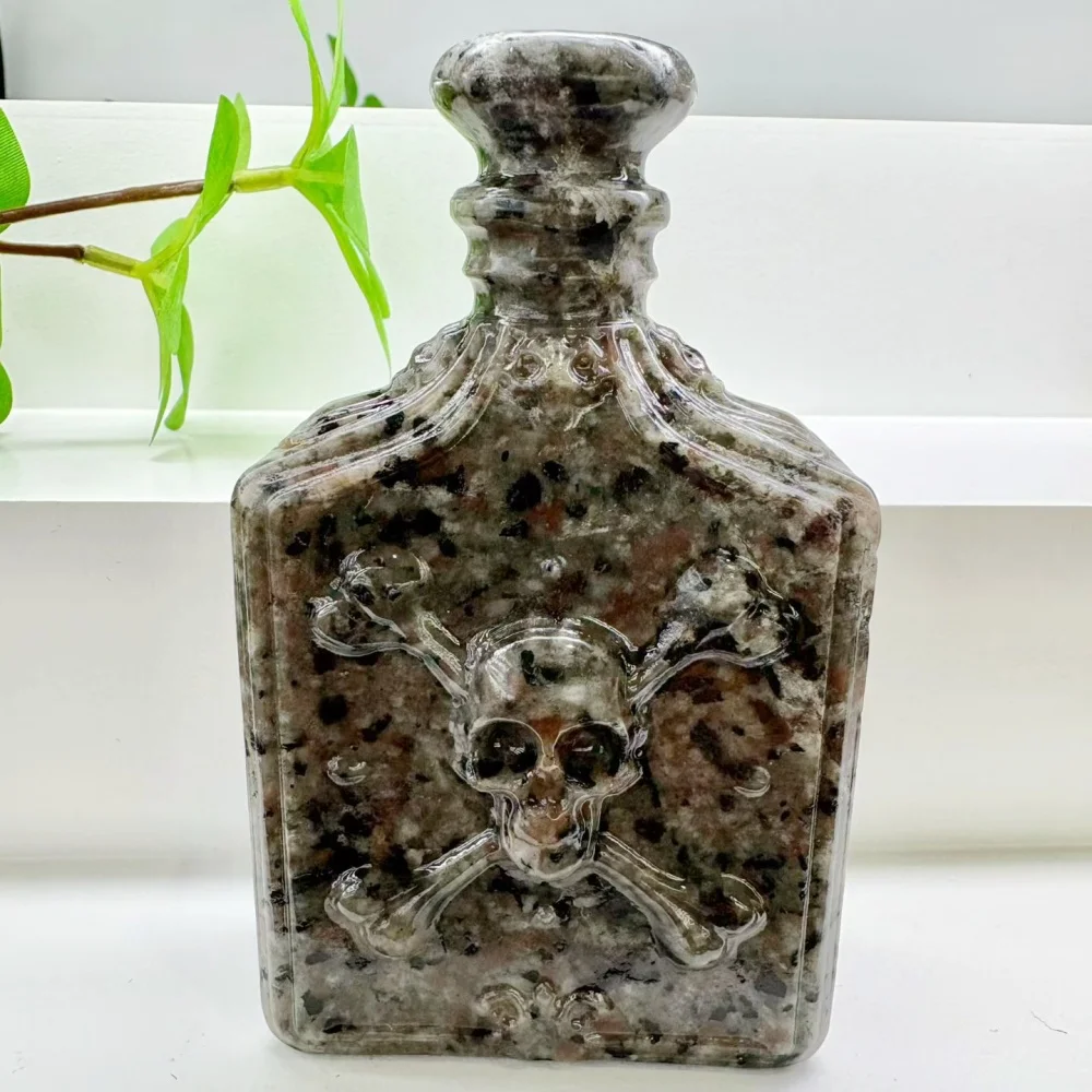 10cm Mixed Natural Crystal Magic Bottle Figurine Skull Crossbones Potion Bottle Statue Healing Gemstone Gothic Sculpture