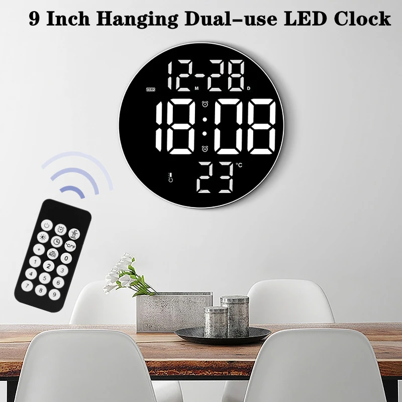 

9 inch Silent Led Wall Clock Alarm with Calendar Smart Brightness Temperature Thermometer Modern Home Decor with Remote Control