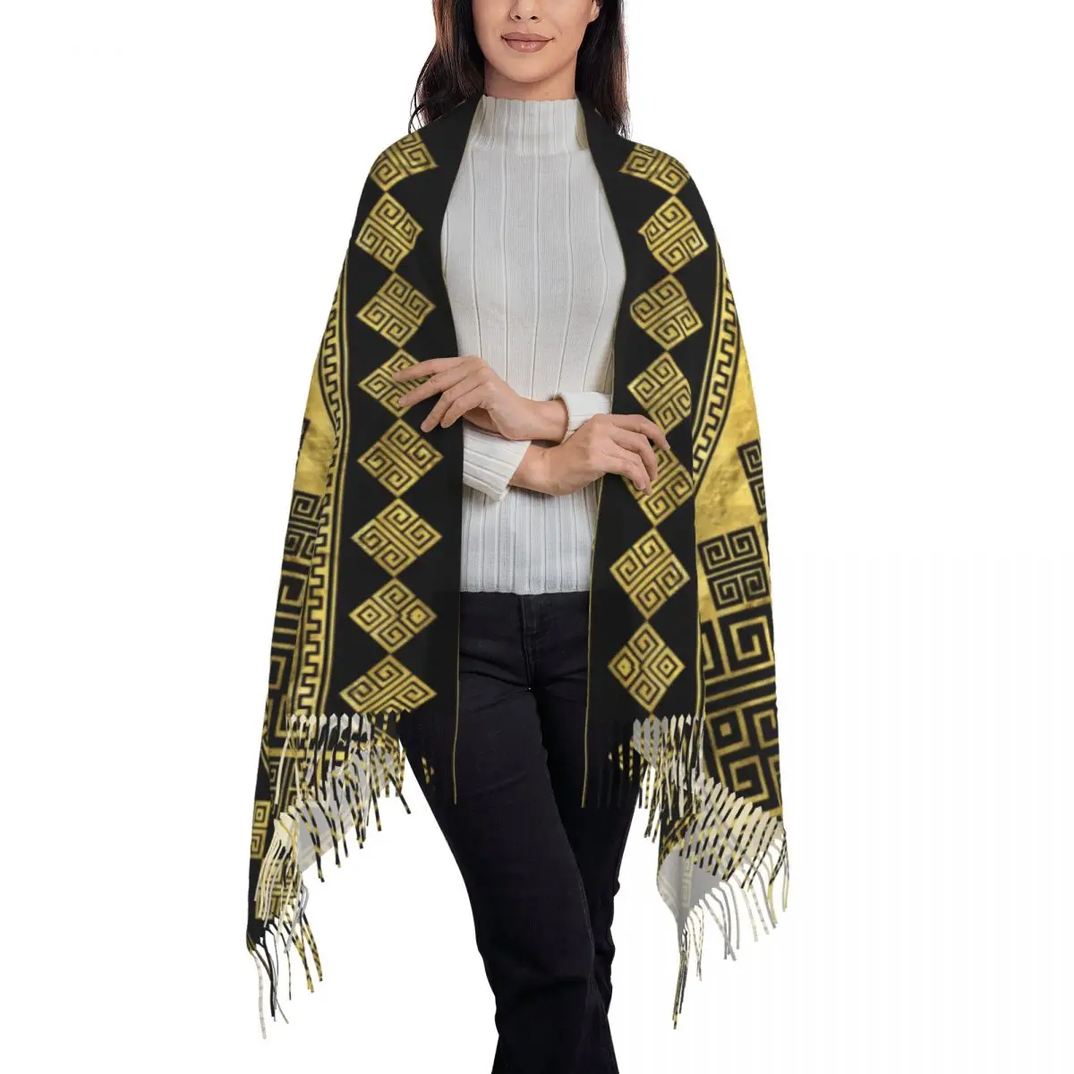 Custom Greek Meander Scarf Wrap Women Long Winter Fall Warm Tassel Shawl Unisex Greek Key Scarves