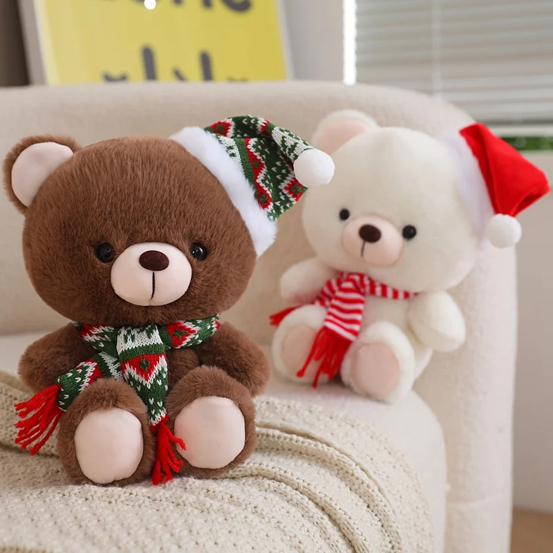 Série Natal Brinquedos Peluches, Lovely Bear Wear, Chapéu de Natal, Bichos de Pelúcia, 3 Cores, Boneca de Pelúcia, Decoração de Natal, 23cm