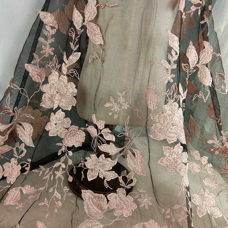 1yard Pink Plum Blossom Embroidery Tulle Lace Fabric for French African Wedding Nigerian Party Dress Fashion DIY Sewing Fabric