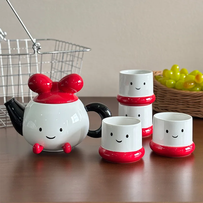 Bowknot & Smiley Face Ceramic Tea Set - Cute Girly Underglaze Color Water Cup, Cold Kettle & Teapot for Home