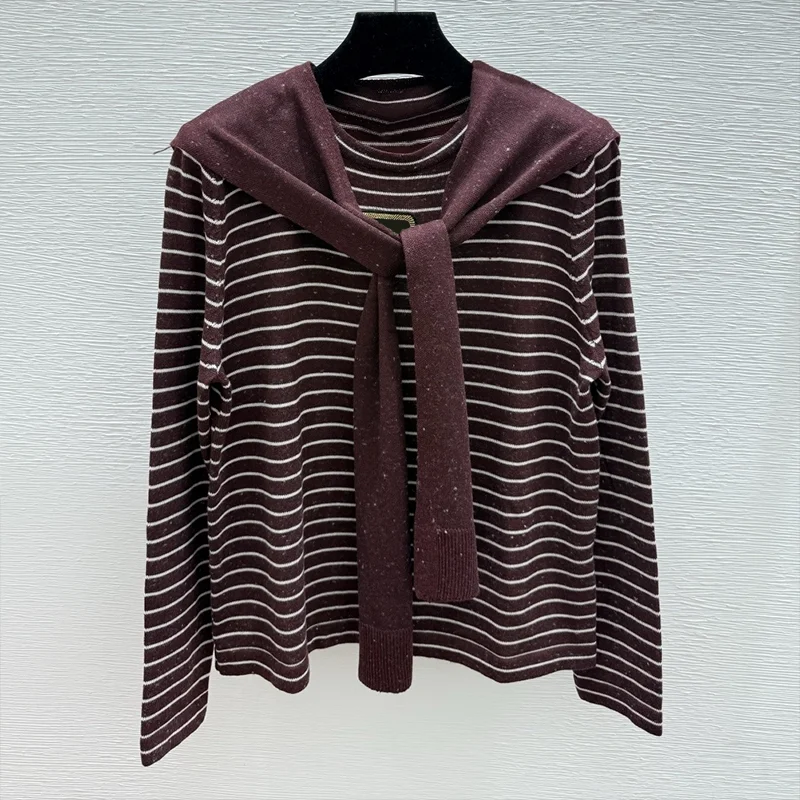 

Высококачественный разноцветный полосатый женский свитер с шалевым воротником — классический и модный пуловер в академическом стиле 25916144