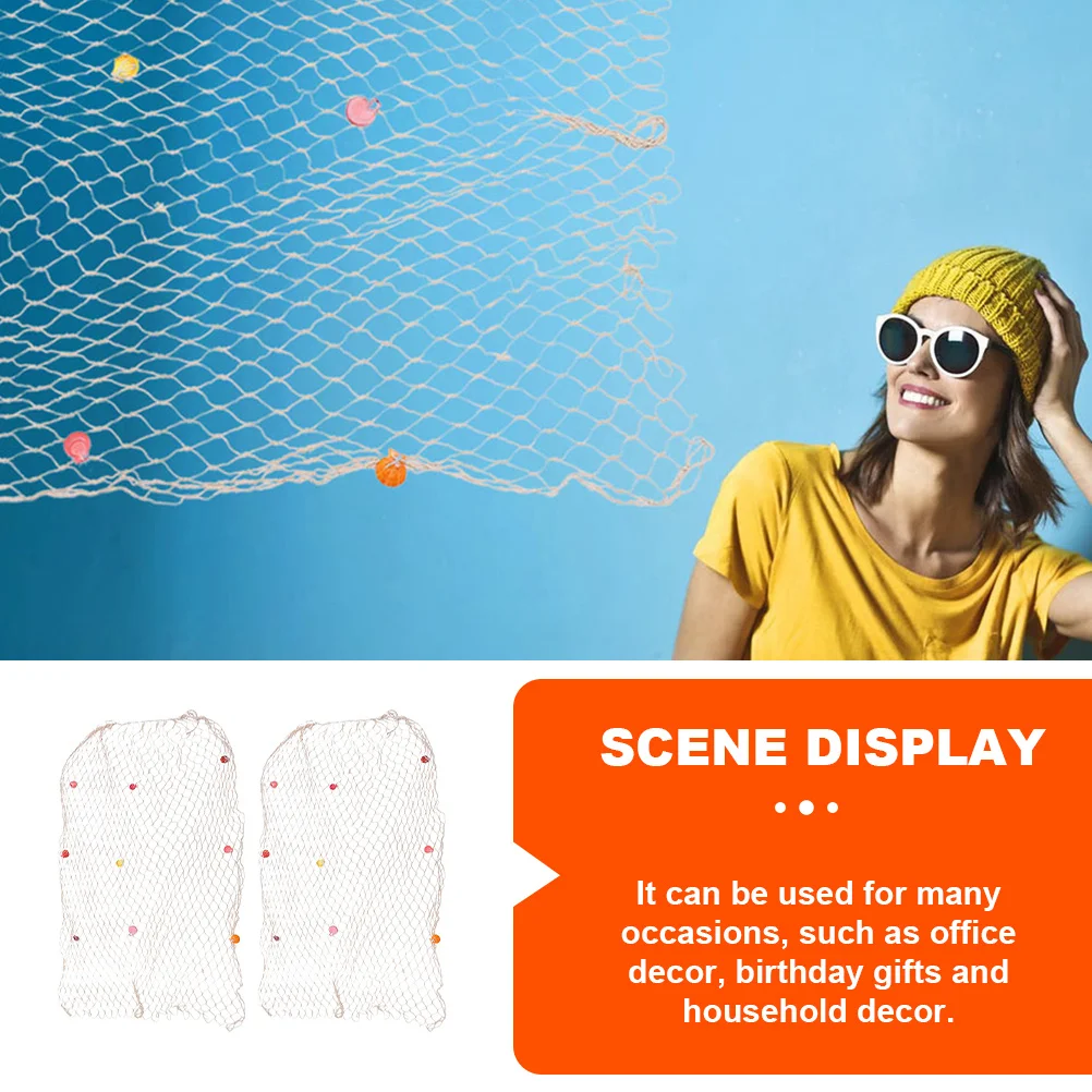 

2Pcs Mediterranean Fishing Net Decor Cotton Thread Wall Hanging Ornament for Coastal Home Office Birthday Gift
