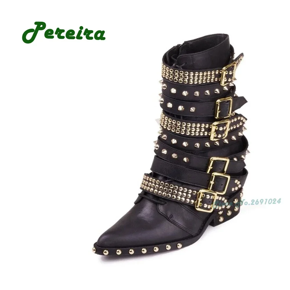 Stivaletti gladiatore con rivetti dorati stivaletti da donna con fibbia a punta con tacco a punta inverno 2023 nuove scarpe da pista solide con